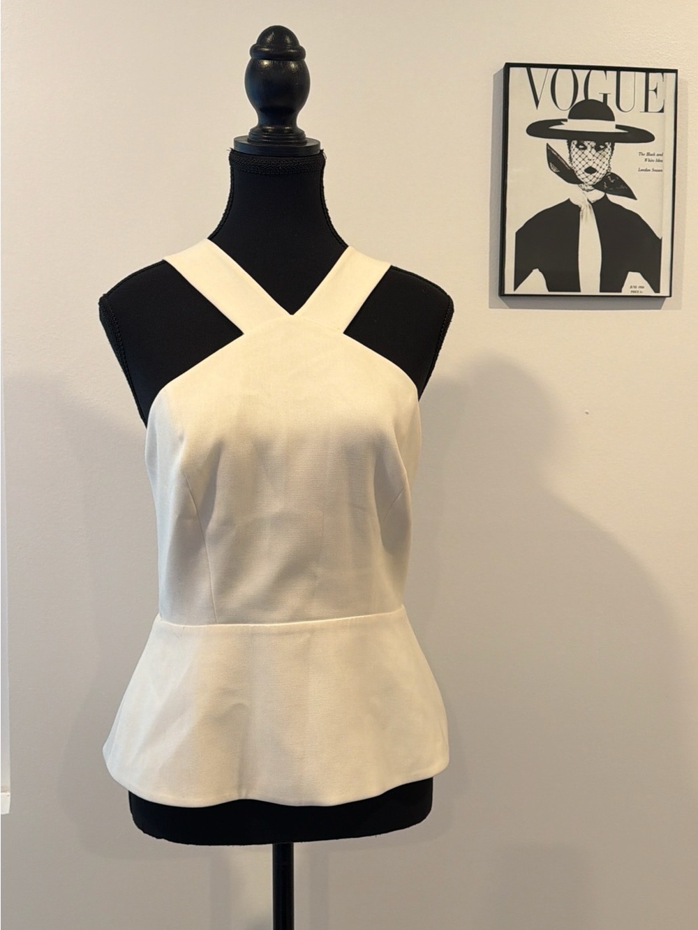 BCBGMAXAZRIA Off White Peplum Criss Cross Open Back Top Size S